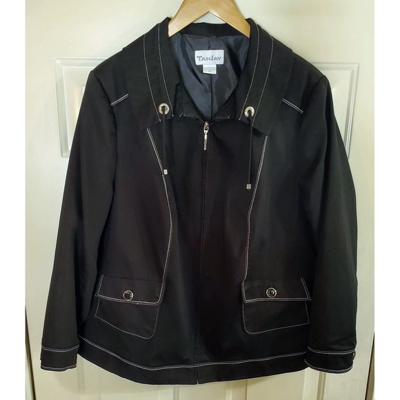 Sz 16W Blk Woven Zip Up Jacket White Top Stitch TAN JAY Flap Pocket Big Collar - Picture 9 of 9